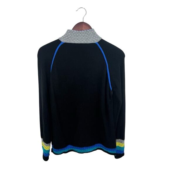 Neve Wool Sweater 1/4 Zip Black Multicolor Large Ski Stripes Preppy Mock Neck - Picture 2 of 9